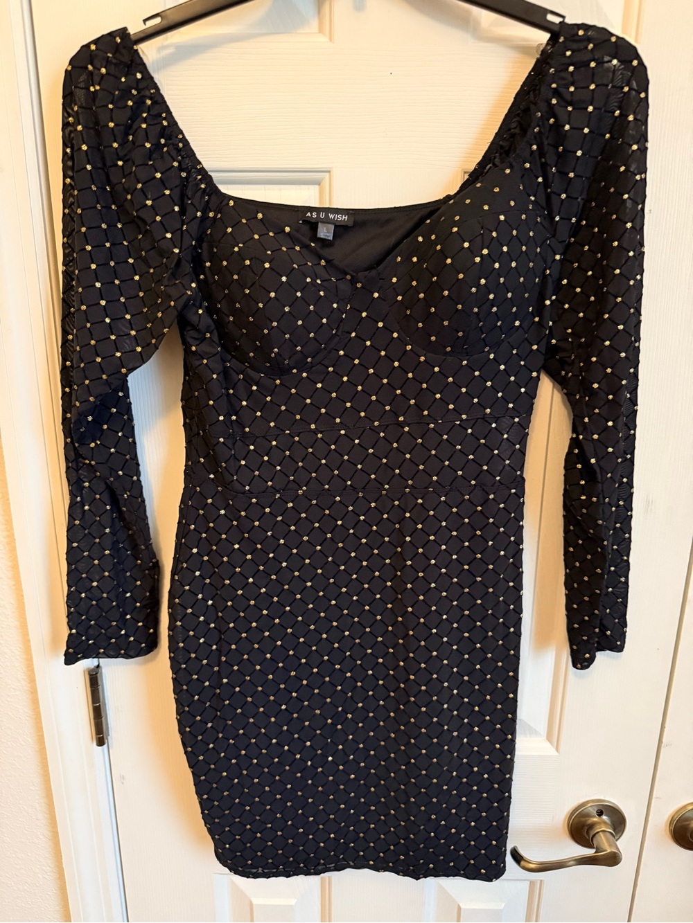As U Wish Black Long-Sleeve Studded Sheath Dress with Gold Accents - Picture 2 of 5